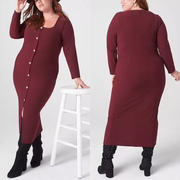 Lane Bryant Burgundy Button Midi Dress Plus Size 22/24 Square Neck Ribbed Knit - Picture 1 of 9